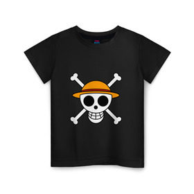 Детская футболка хлопок с принтом Весёлый Роджер Мугивар в Курске, 100% хлопок | круглый вырез горловины, полуприлегающий силуэт, длина до линии бедер | аниме | большой куш | ван пис | кости | луффи | мугивара | пираты | соломенная | череп | шляпа