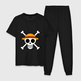 Мужская пижама хлопок с принтом Весёлый Роджер Мугивар в Курске, 100% хлопок | брюки и футболка прямого кроя, без карманов, на брюках мягкая резинка на поясе и по низу штанин
 | аниме | большой куш | ван пис | кости | луффи | мугивара | пираты | соломенная | череп | шляпа