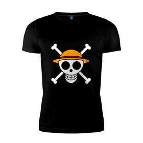 Мужская футболка премиум с принтом Весёлый Роджер Мугивар в Курске, 92% хлопок, 8% лайкра | приталенный силуэт, круглый вырез ворота, длина до линии бедра, короткий рукав | аниме | большой куш | ван пис | кости | луффи | мугивара | пираты | соломенная | череп | шляпа
