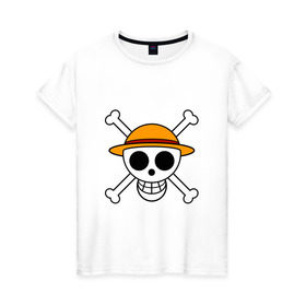 Женская футболка хлопок с принтом Весёлый Роджер Мугивар в Курске, 100% хлопок | прямой крой, круглый вырез горловины, длина до линии бедер, слегка спущенное плечо | аниме | большой куш | ван пис | кости | луффи | мугивара | пираты | соломенная | череп | шляпа