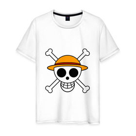 Мужская футболка хлопок с принтом Весёлый Роджер Мугивар в Курске, 100% хлопок | прямой крой, круглый вырез горловины, длина до линии бедер, слегка спущенное плечо. | аниме | большой куш | ван пис | кости | луффи | мугивара | пираты | соломенная | череп | шляпа