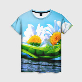 Женская футболка 3D с принтом Ромашки в Курске, 100% полиэфир ( синтетическое хлопкоподобное полотно) | прямой крой, круглый вырез горловины, длина до линии бедер | красота | поле | природа | ромашка | цветы