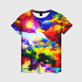 Женская футболка 3D с принтом Краска в Курске, 100% полиэфир ( синтетическое хлопкоподобное полотно) | прямой крой, круглый вырез горловины, длина до линии бедер | краска | облака | разноцветный | яркий