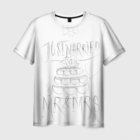 Мужская футболка 3D с принтом MR&MRS в Курске, 100% полиэфир | прямой крой, круглый вырез горловины, длина до линии бедер | бабочка | жених | молодожены | невеста | свадьба | торт