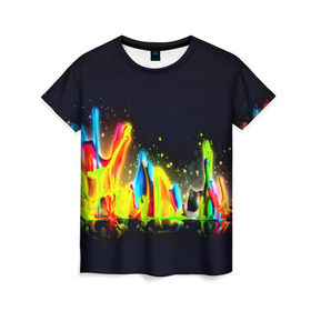 Женская футболка 3D с принтом Взрыв красок в Курске, 100% полиэфир ( синтетическое хлопкоподобное полотно) | прямой крой, круглый вырез горловины, длина до линии бедер | абстракция | абстракция красок | брызги | краска | цветные