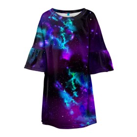Детское платье 3D с принтом Звездное небо в Курске, 100% полиэстер | прямой силуэт, чуть расширенный к низу. Круглая горловина, на рукавах — воланы | Тематика изображения на принте: вселенная | галактика | звезды | планеты | туманность