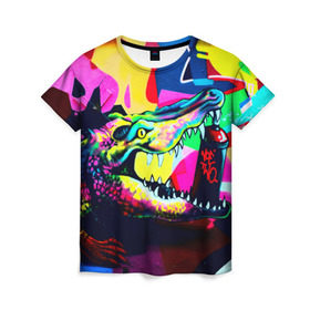 Женская футболка 3D с принтом Крокодил в Курске, 100% полиэфир ( синтетическое хлопкоподобное полотно) | прямой крой, круглый вырез горловины, длина до линии бедер | цветной | яркий