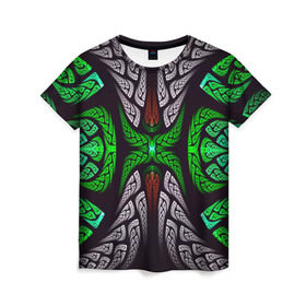 Женская футболка 3D с принтом Трайбл в Курске, 100% полиэфир ( синтетическое хлопкоподобное полотно) | прямой крой, круглый вырез горловины, длина до линии бедер | зелёный | паттерн | текстура | цветной