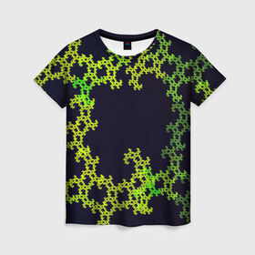 Женская футболка 3D с принтом Пиксели в Курске, 100% полиэфир ( синтетическое хлопкоподобное полотно) | прямой крой, круглый вырез горловины, длина до линии бедер | зеленый | кружево | узор | цветной | черный