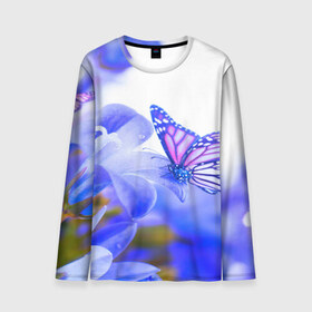 Мужской лонгслив 3D с принтом Бабочки в Курске, 100% полиэстер | длинные рукава, круглый вырез горловины, полуприлегающий силуэт | бабочки | красота | природа | синяя | цветы