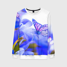 Женский свитшот 3D с принтом Бабочки в Курске, 100% полиэстер с мягким внутренним слоем | круглый вырез горловины, мягкая резинка на манжетах и поясе, свободная посадка по фигуре | бабочки | красота | природа | синяя | цветы