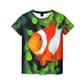 Женская футболка 3D с принтом Рыба клоун в Курске, 100% полиэфир ( синтетическое хлопкоподобное полотно) | прямой крой, круглый вырез горловины, длина до линии бедер | клоун | коралл | немо | океан | цветная
