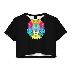 Женская футболка 3D укороченная с принтом Lion color в Курске, 100% полиэстер | круглая горловина, длина футболки до линии талии, рукава с отворотами | lion | голова животного | кот | кошка | лев | цвет