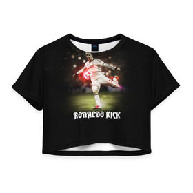 Женская футболка 3D укороченная с принтом Удар Роналдо в Курске, 100% полиэстер | круглая горловина, длина футболки до линии талии, рукава с отворотами | real | ronaldo | реал мадрид | роналдо | футбол
