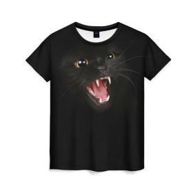 Женская футболка 3D с принтом Чёрный кот в Курске, 100% полиэфир ( синтетическое хлопкоподобное полотно) | прямой крой, круглый вырез горловины, длина до линии бедер | киска | кот | кошка