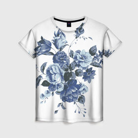 Женская футболка 3D с принтом Синие цветы в Курске, 100% полиэфир ( синтетическое хлопкоподобное полотно) | прямой крой, круглый вырез горловины, длина до линии бедер | розы | синие розы | узор | цветы