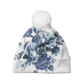 Шапка 3D c помпоном с принтом Синие цветы в Курске, 100% полиэстер | универсальный размер, печать по всей поверхности изделия | розы | синие розы | узор | цветы