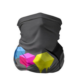 Бандана-труба 3D с принтом Краски-кубики в Курске, 100% полиэстер, ткань с особыми свойствами — Activecool | плотность 150‒180 г/м2; хорошо тянется, но сохраняет форму | жёлтый | краски | кубики | розовый | стекают | цвета | чёрный