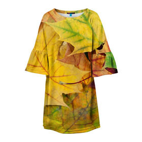 Детское платье 3D с принтом Осенние листья в Курске, 100% полиэстер | прямой силуэт, чуть расширенный к низу. Круглая горловина, на рукавах — воланы | жёлтый | зелёный | клён | листва