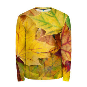 Мужской лонгслив 3D с принтом Осенние листья в Курске, 100% полиэстер | длинные рукава, круглый вырез горловины, полуприлегающий силуэт | жёлтый | зелёный | клён | листва