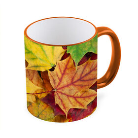 Кружка 3D с принтом Осенние листья в Курске, керамика | ёмкость 330 мл | жёлтый | зелёный | клён | листва
