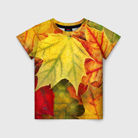 Детская футболка 3D с принтом Кленовые листья в Курске, 100% гипоаллергенный полиэфир | прямой крой, круглый вырез горловины, длина до линии бедер, чуть спущенное плечо, ткань немного тянется | Тематика изображения на принте: жёлтый | зелёный | красный | листва | оранжевый | осень