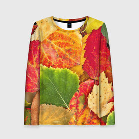 Женский лонгслив 3D с принтом Осень в Курске, 100% полиэстер | длинные рукава, круглый вырез горловины, полуприлегающий силуэт | берёза | дары осени | жёлтый | зелёный | золотой | краски | красный | красота | листва | листья | наряд | оранжевый | осень | осина | покров | природа