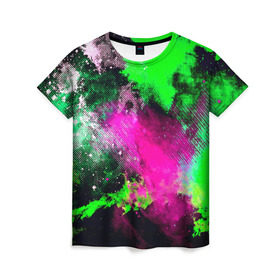 Женская футболка 3D с принтом Брызги красок в Курске, 100% полиэфир ( синтетическое хлопкоподобное полотно) | прямой крой, круглый вырез горловины, длина до линии бедер | Тематика изображения на принте: кляксы | разноцветный | яркий