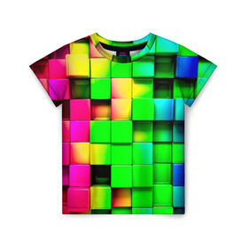 Детская футболка 3D с принтом Кубики в Курске, 100% гипоаллергенный полиэфир | прямой крой, круглый вырез горловины, длина до линии бедер, чуть спущенное плечо, ткань немного тянется | Тематика изображения на принте: радуга | разноцветный. квадраты | текстура