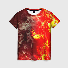 Женская футболка 3D с принтом Цветок в огне в Курске, 100% полиэфир ( синтетическое хлопкоподобное полотно) | прямой крой, круглый вырез горловины, длина до линии бедер | Тематика изображения на принте: дым | пламя