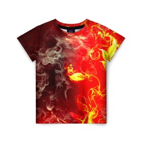 Детская футболка 3D с принтом Цветок в огне в Курске, 100% гипоаллергенный полиэфир | прямой крой, круглый вырез горловины, длина до линии бедер, чуть спущенное плечо, ткань немного тянется | Тематика изображения на принте: дым | пламя