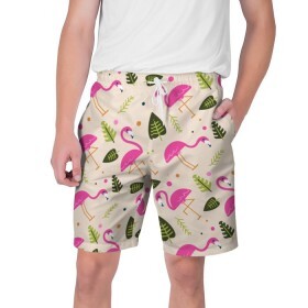 Мужские шорты 3D с принтом Фламинго в Курске,  полиэстер 100% | прямой крой, два кармана без застежек по бокам. Мягкая трикотажная резинка на поясе, внутри которой широкие завязки. Длина чуть выше колен | абстракция | арт | листья | фламинго | хипстеры