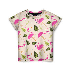 Детская футболка 3D с принтом Фламинго в Курске, 100% гипоаллергенный полиэфир | прямой крой, круглый вырез горловины, длина до линии бедер, чуть спущенное плечо, ткань немного тянется | Тематика изображения на принте: абстракция | арт | листья | фламинго | хипстеры