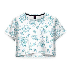 Женская футболка 3D укороченная с принтом Морская живность в Курске, 100% полиэстер | круглая горловина, длина футболки до линии талии, рукава с отворотами | абстракция | арт | море | осьминог | русалки