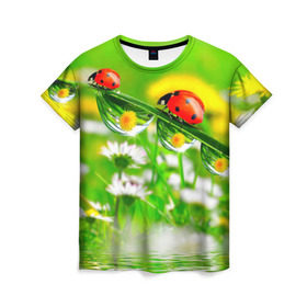 Женская футболка 3D с принтом Макро в Курске, 100% полиэфир ( синтетическое хлопкоподобное полотно) | прямой крой, круглый вырез горловины, длина до линии бедер | божья коровка | насекомые | одуванчик | природа | цветы