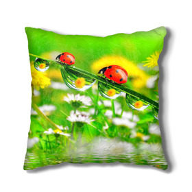 Подушка 3D с принтом Макро в Курске, наволочка – 100% полиэстер, наполнитель – холлофайбер (легкий наполнитель, не вызывает аллергию). | состоит из подушки и наволочки. Наволочка на молнии, легко снимается для стирки | божья коровка | насекомые | одуванчик | природа | цветы