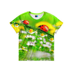 Детская футболка 3D с принтом Макро в Курске, 100% гипоаллергенный полиэфир | прямой крой, круглый вырез горловины, длина до линии бедер, чуть спущенное плечо, ткань немного тянется | Тематика изображения на принте: божья коровка | насекомые | одуванчик | природа | цветы