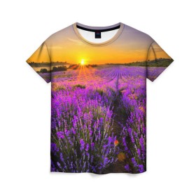 Женская футболка 3D с принтом Лавандовое поле в Курске, 100% полиэфир ( синтетическое хлопкоподобное полотно) | прямой крой, круглый вырез горловины, длина до линии бедер | закат | лиловый | пейзаж | яркий