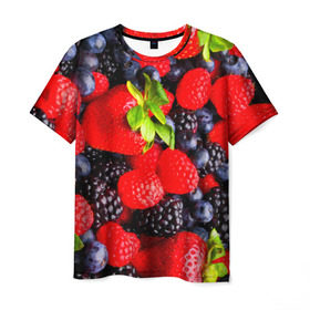 Мужская футболка 3D с принтом Ягоды в Курске, 100% полиэфир | прямой крой, круглый вырез горловины, длина до линии бедер | ежевика | клубника | малина | черника | ягода | ягодка
