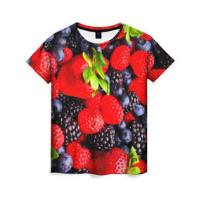 Женская футболка 3D с принтом Ягоды в Курске, 100% полиэфир ( синтетическое хлопкоподобное полотно) | прямой крой, круглый вырез горловины, длина до линии бедер | ежевика | клубника | малина | черника | ягода | ягодка