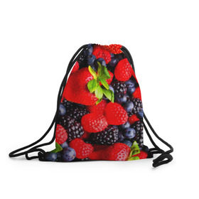 Рюкзак-мешок 3D с принтом Ягоды в Курске, 100% полиэстер | плотность ткани — 200 г/м2, размер — 35 х 45 см; лямки — толстые шнурки, застежка на шнуровке, без карманов и подкладки | Тематика изображения на принте: ежевика | клубника | малина | черника | ягода | ягодка