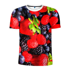 Мужская футболка 3D спортивная с принтом Ягоды в Курске, 100% полиэстер с улучшенными характеристиками | приталенный силуэт, круглая горловина, широкие плечи, сужается к линии бедра | Тематика изображения на принте: ежевика | клубника | малина | черника | ягода | ягодка