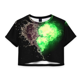 Женская футболка 3D укороченная с принтом Сердце в Курске, 100% полиэстер | круглая горловина, длина футболки до линии талии, рукава с отворотами | вода | огонь | стихия | черный