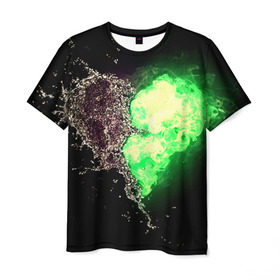 Мужская футболка 3D с принтом Сердце в Курске, 100% полиэфир | прямой крой, круглый вырез горловины, длина до линии бедер | вода | огонь | стихия | черный