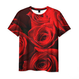 Мужская футболка 3D с принтом Розы в Курске, 100% полиэфир | прямой крой, круглый вырез горловины, длина до линии бедер | красная | роза | роса | цветок