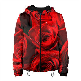 Женская куртка 3D с принтом Розы в Курске, ткань верха — 100% полиэстер, подклад — флис | прямой крой, подол и капюшон оформлены резинкой с фиксаторами, два кармана без застежек по бокам, один большой потайной карман на груди. Карман на груди застегивается на липучку | красная | роза | роса | цветок