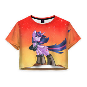 Женская футболка 3D укороченная с принтом Red Sky в Курске, 100% полиэстер | круглая горловина, длина футболки до линии талии, рукава с отворотами | my little pony | луна | пинки пай | пони | рарити | рейнбоу дэш | селестия | сумеречная искорка | флаттершай | эплджек