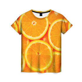 Женская футболка 3D с принтом Апельсины в Курске, 100% полиэфир ( синтетическое хлопкоподобное полотно) | прямой крой, круглый вырез горловины, длина до линии бедер | апельсин | долька | цитрус