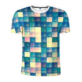 Мужская футболка 3D спортивная с принтом Кубики в Курске, 100% полиэстер с улучшенными характеристиками | приталенный силуэт, круглая горловина, широкие плечи, сужается к линии бедра | бирюзовый | заленый | мозаика | паттерн | плитка | цветной