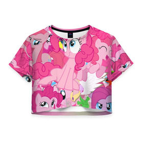 Женская футболка 3D укороченная с принтом Pinky Pie в Курске, 100% полиэстер | круглая горловина, длина футболки до линии талии, рукава с отворотами | my little pony | луна | пинки пай | пони | рарити | рейнбоу дэш | селестия | сумеречная искорка | флаттершай | эплджек